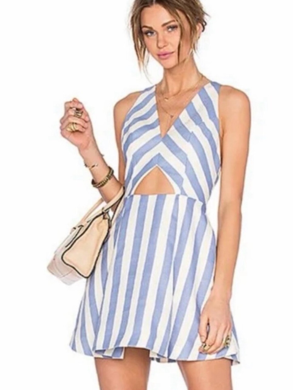 Lovers + Friends Blue and White Striped V‑Neck Cutout Mini Dress